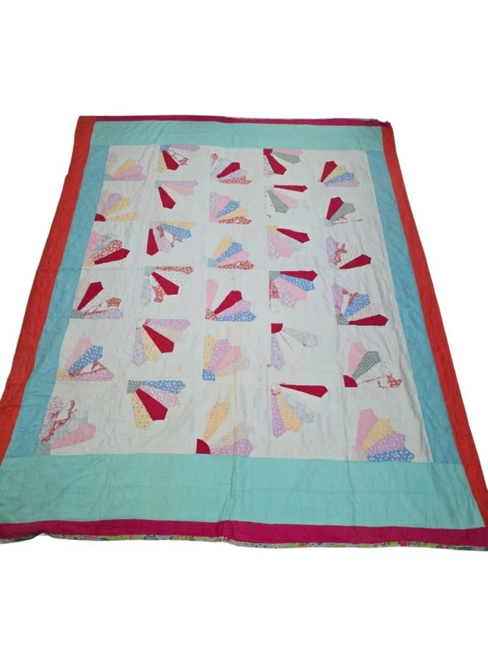 Vintage Handmade Handstitched Fan Quilt Blue Red 84 x 67 Farm Fabric